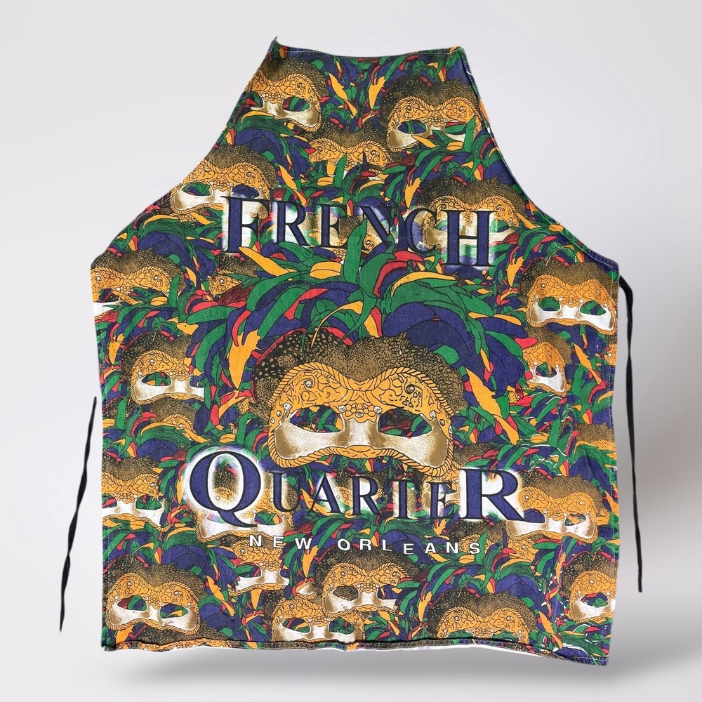 Vintage 90s New Orleans French Quarter‎ Mardi Gras Mask Cotton Bib Apron NOLA